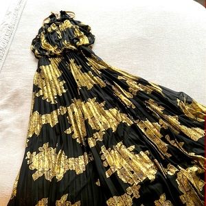 Metallic-Print Pleated Blouson Gown